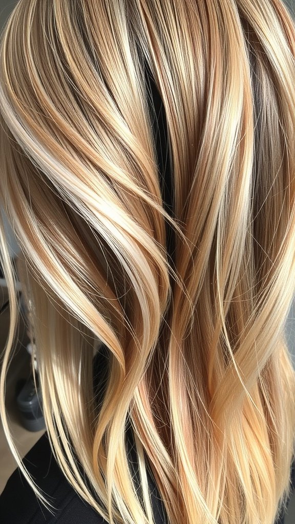 Hair styled in ash blonde with subtle rose gold hues, showcasing soft waves.