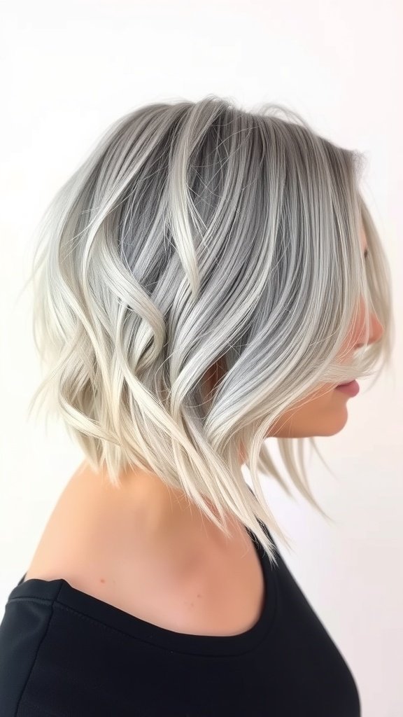 Asymmetrical silver lob hairstyle with waves