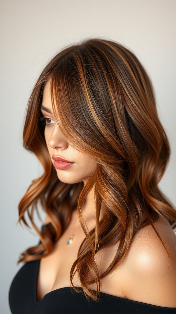 A woman with auburn hair featuring contrasting lowlights styled in soft waves.