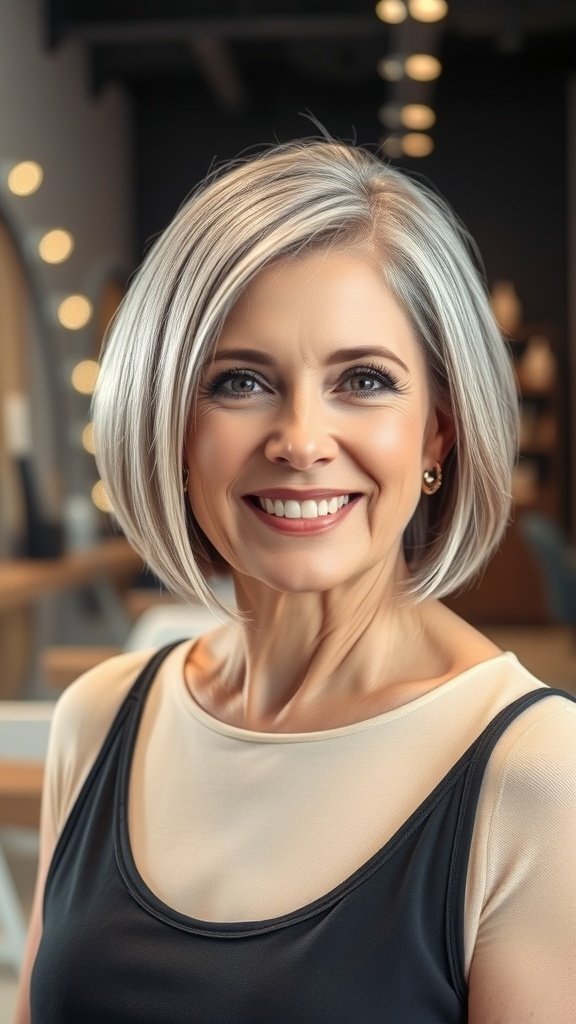 A woman over 50 with a blunt bob hairstyle, smiling confidently.