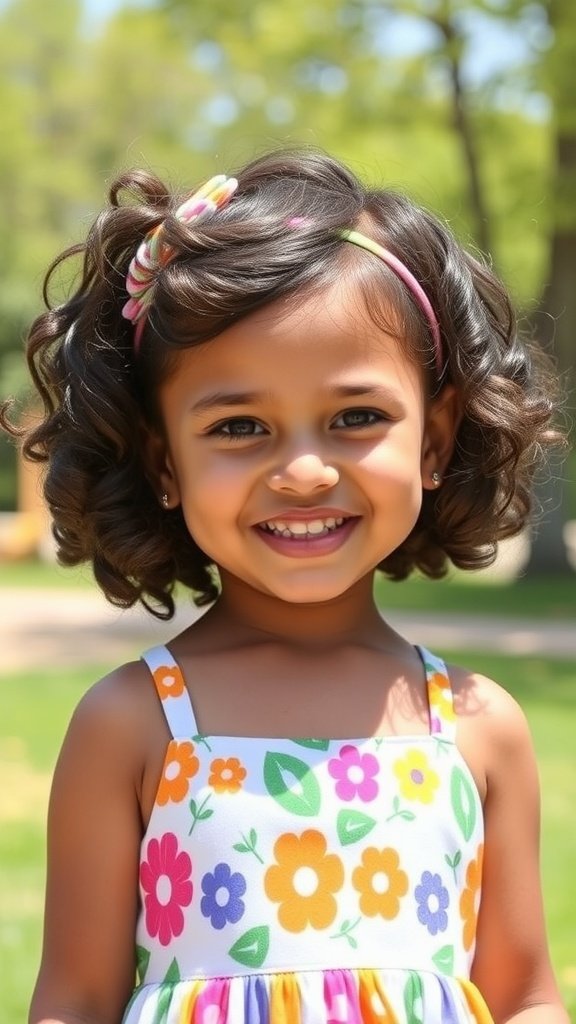 A little girl with a bob hairstyle featuring spiral curls, wearing a colorful floral dress and a headband.