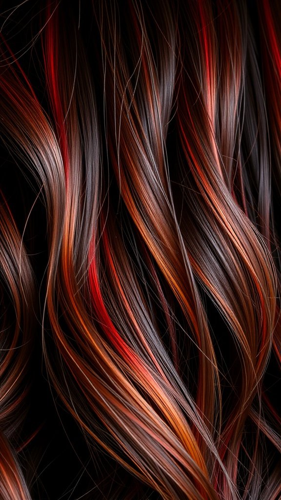 Dark brown hair with bold cherry red highlights