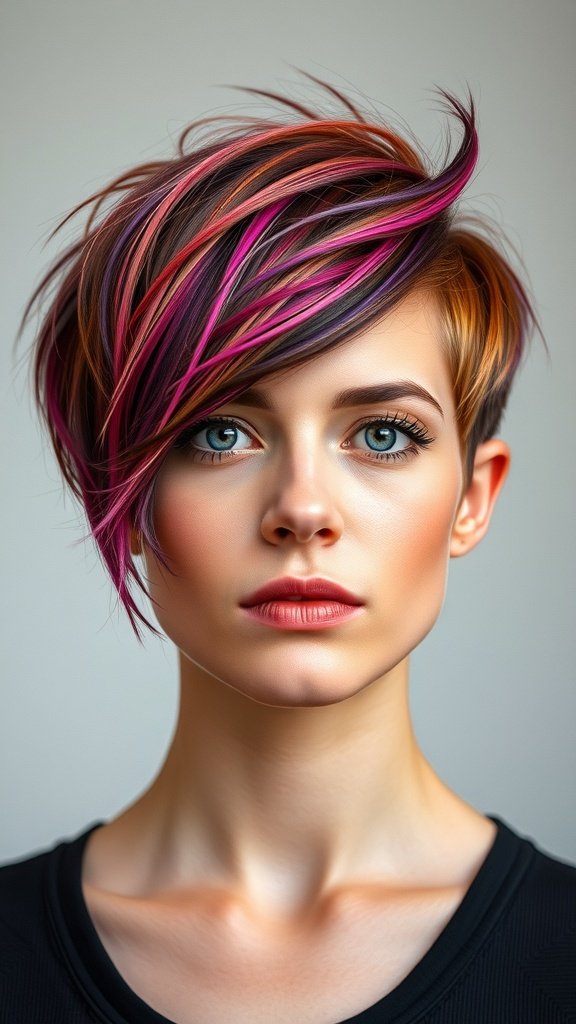 A woman with a bold pixie haircut featuring contrasting textured sections in vibrant colors.