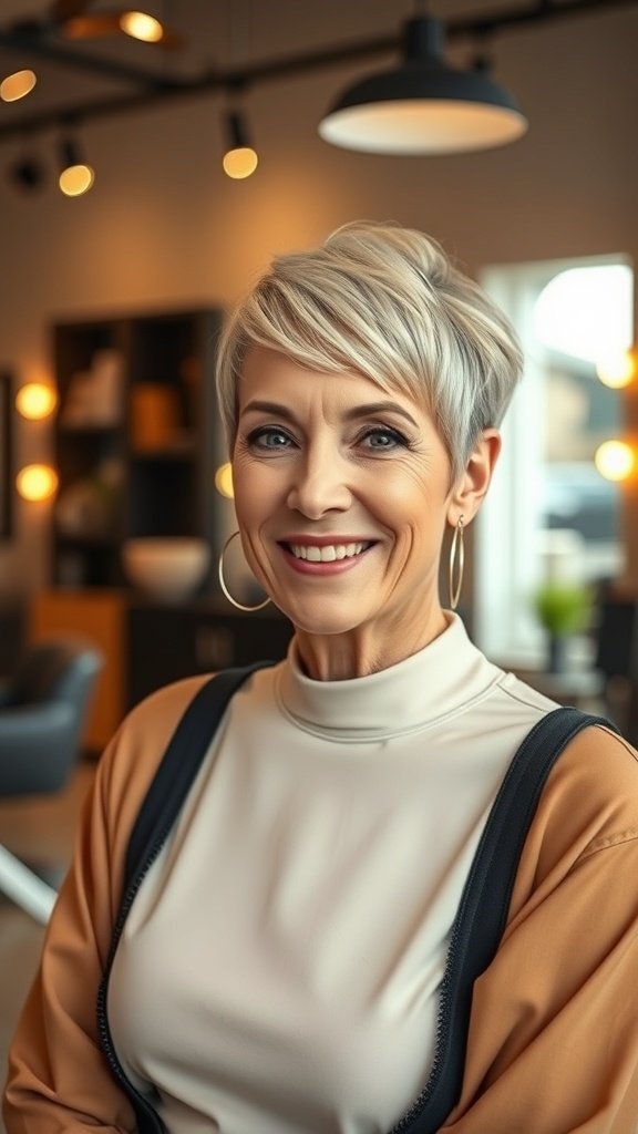 A woman with a bold pixie hairstyle featuring shaved detailing, smiling confidently.