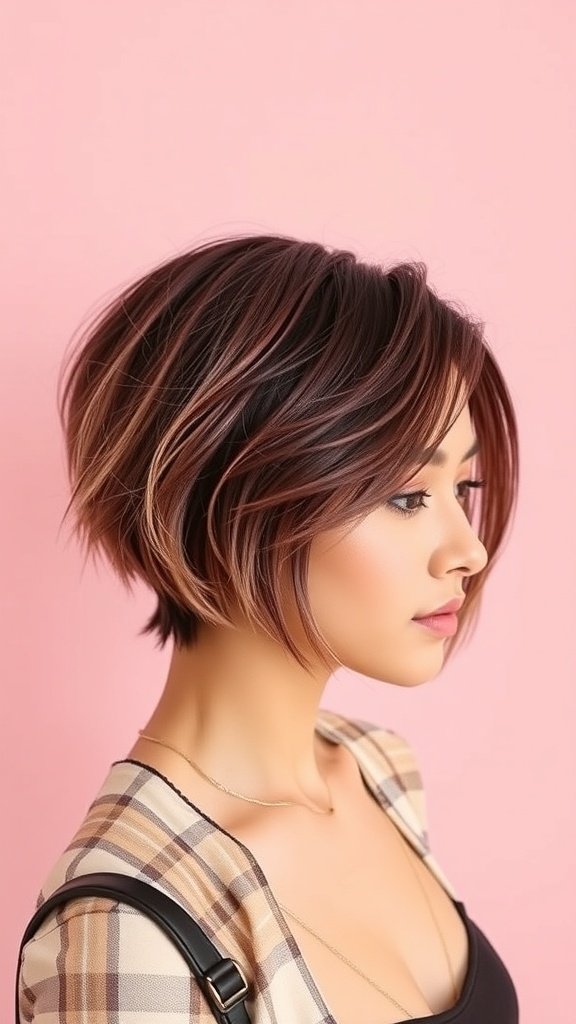 A woman with a burgundy to rose gold ombre crop hairstyle, showcasing a stylish and modern look.