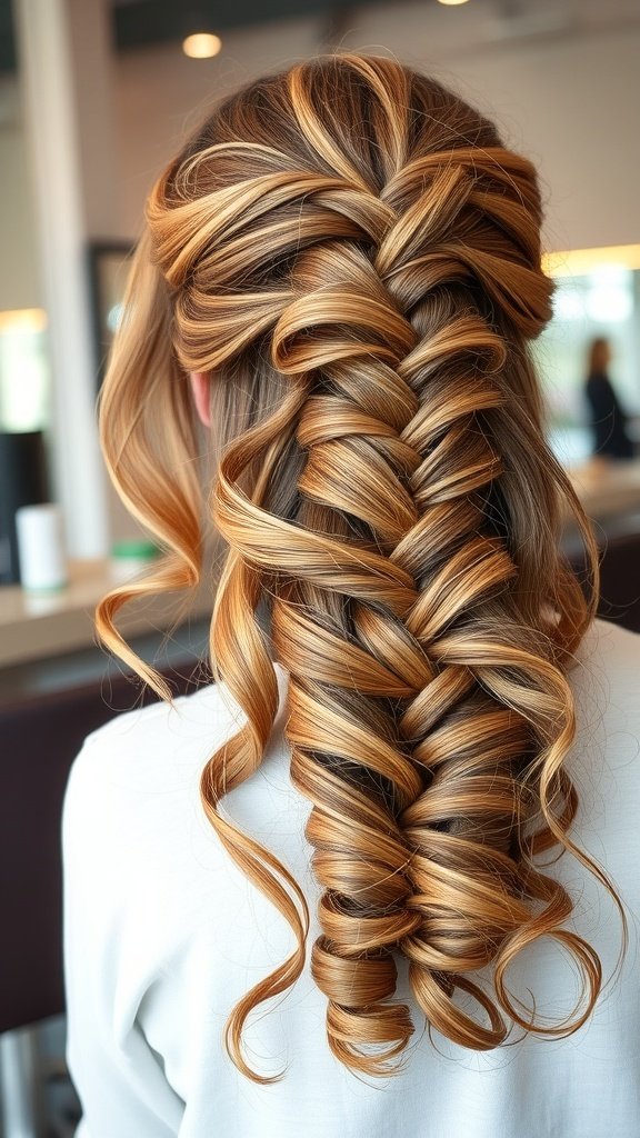 A hairstyle featuring cascading curls with a fishtail braid, showcasing warm tones and elegant styling.