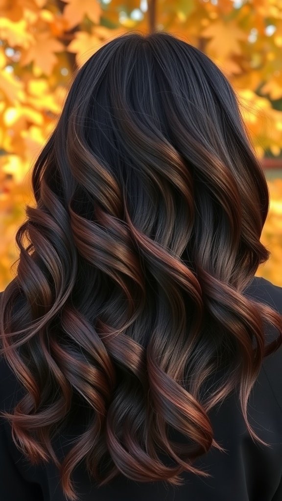 A woman with wavy hair showcasing a charcoal and cherry balayage hairstyle against a backdrop of autumn leaves.