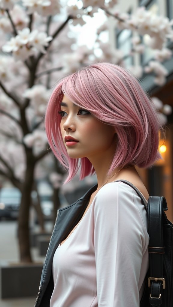 A model with cherry blossom fade pink hair standing in front of cherry blossom trees.