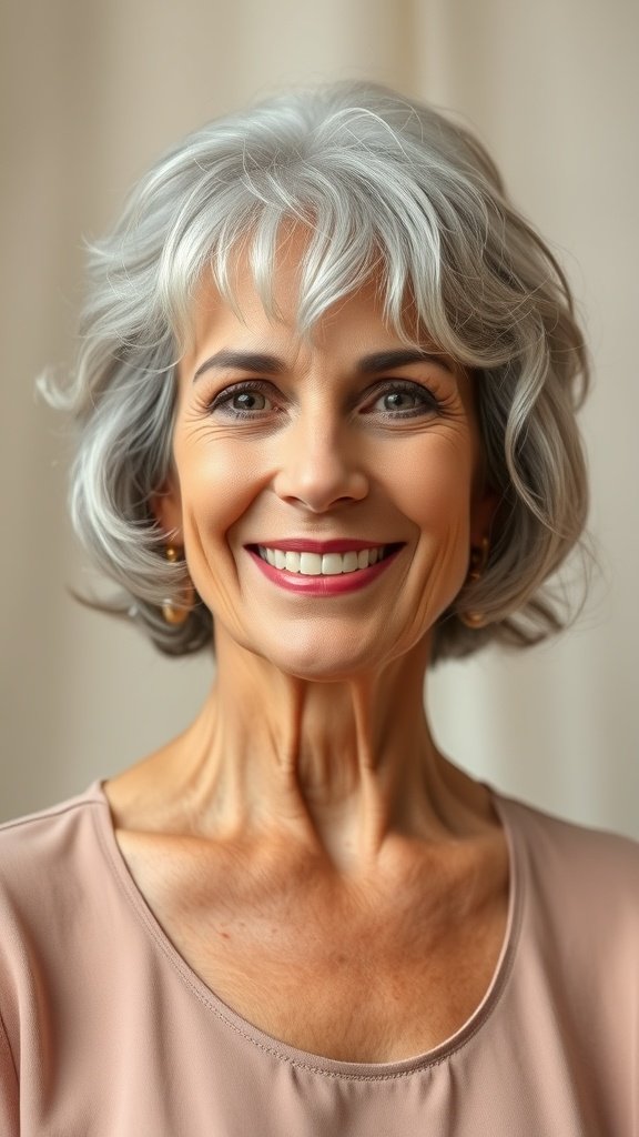 A smiling older woman with chin-length curly hair, showcasing a stylish bob haircut.