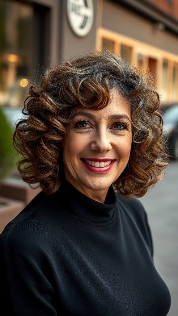 A woman with a chin-length curly bob hairstyle, smiling confidently.