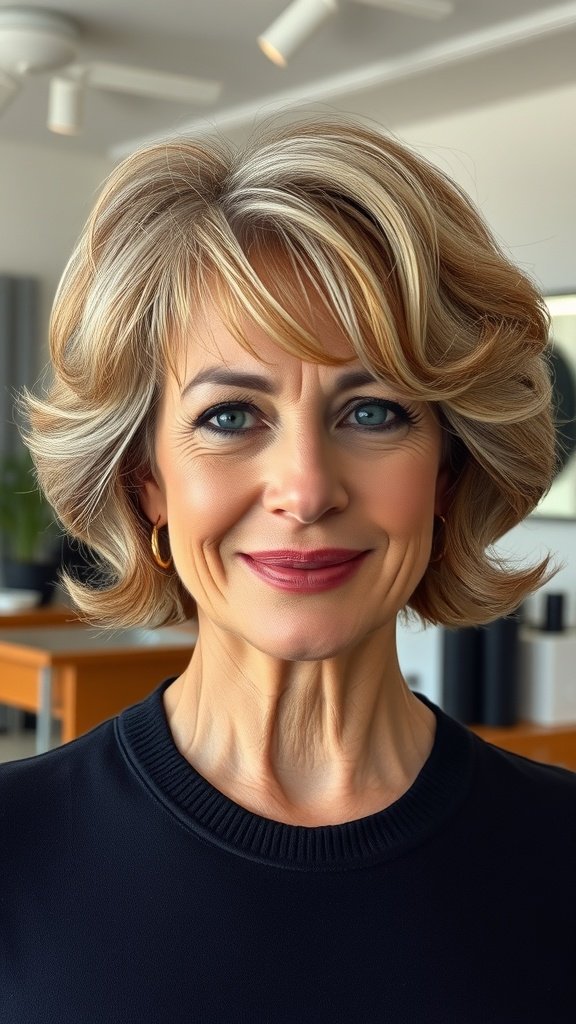 A woman with a chin-length haircut featuring subtle curls, smiling confidently.