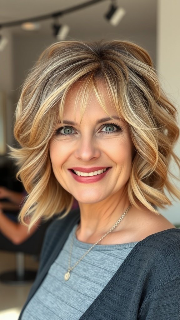 Chin-length hairstyle with subtle curls, perfect for women over 60 with thin hair.
