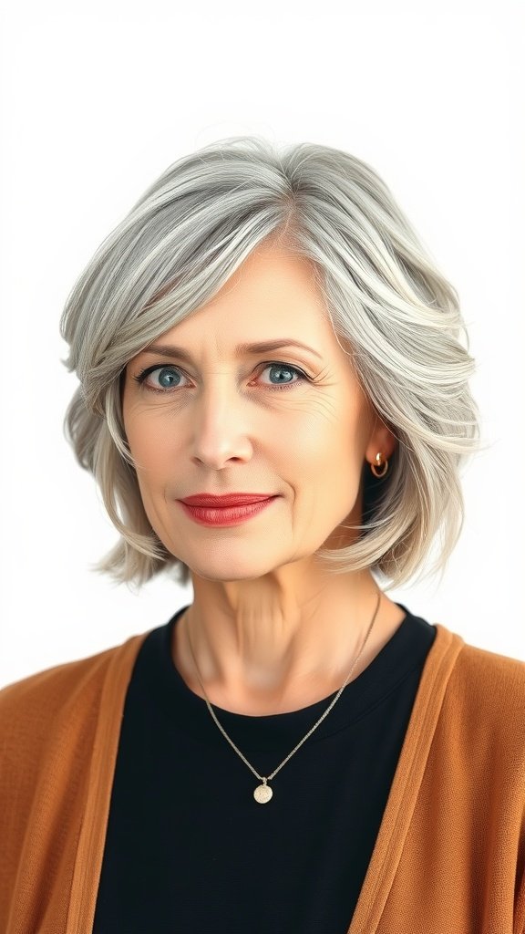 A woman with a choppy bob hairstyle, showcasing natural gray hair, wearing a black top and an orange cardigan.