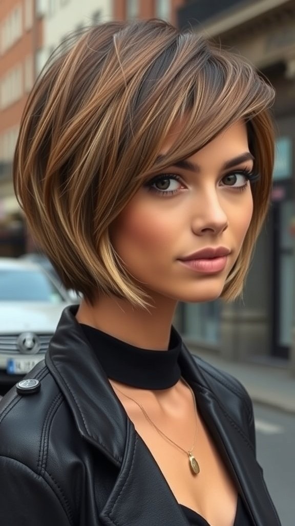A woman with a choppy graduated bob hairstyle featuring swept-up layers, looking stylish and modern.