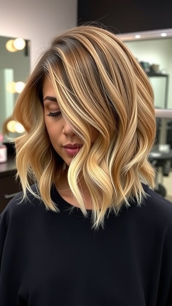 A woman with a classic bob hairstyle featuring soft waves and warm blonde highlights.