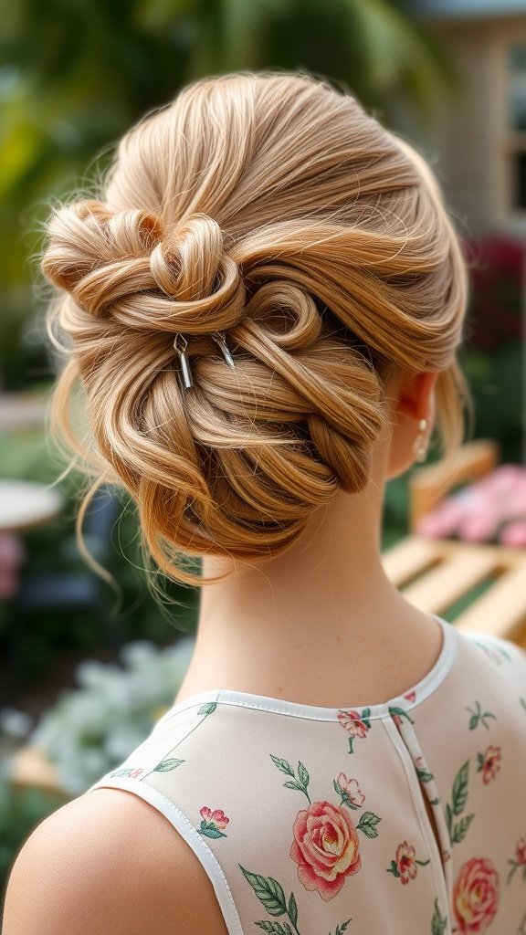 A classic strawberry blonde updo hairstyle featuring intricate twists and loops.