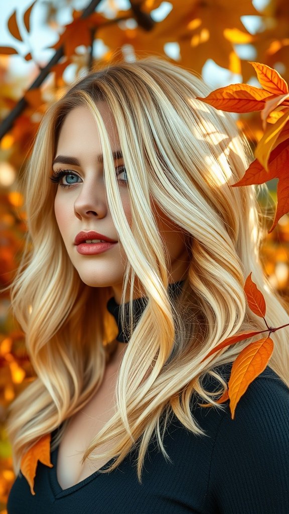 A woman with crisp apple blonde hair, surrounded by autumn leaves, showcasing a vibrant and luminous hairstyle.