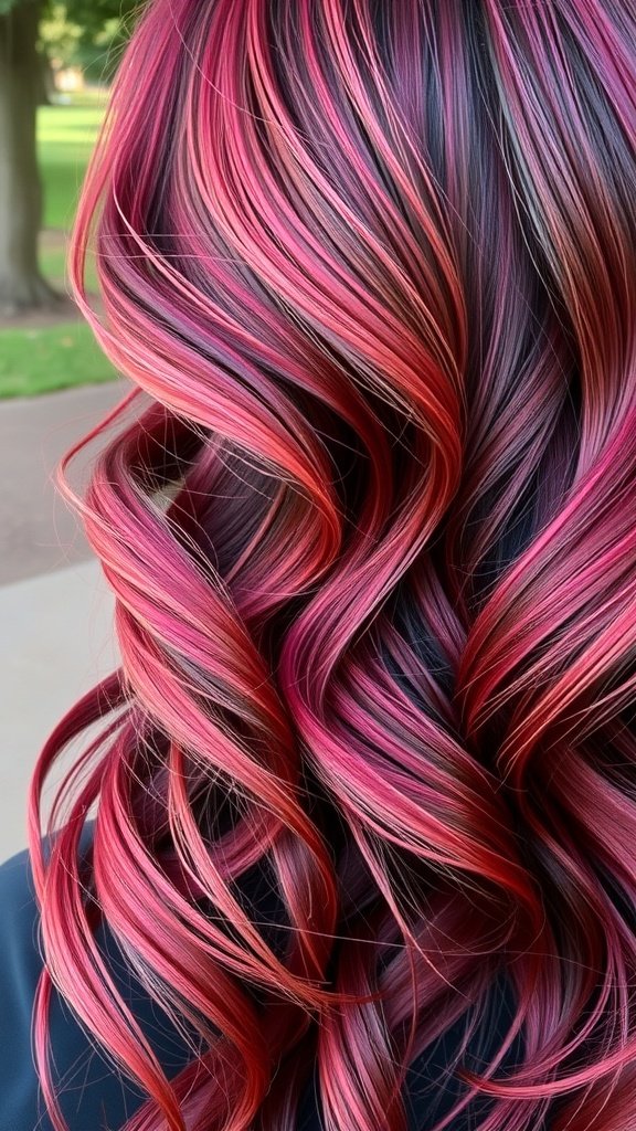 A close-up view of dark strawberry sorbet balayage hair, showcasing vibrant pink and dark red hues with soft waves.