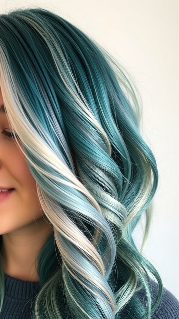 A close-up of deep teal hair with pastel blonde highlights, styled in soft waves.