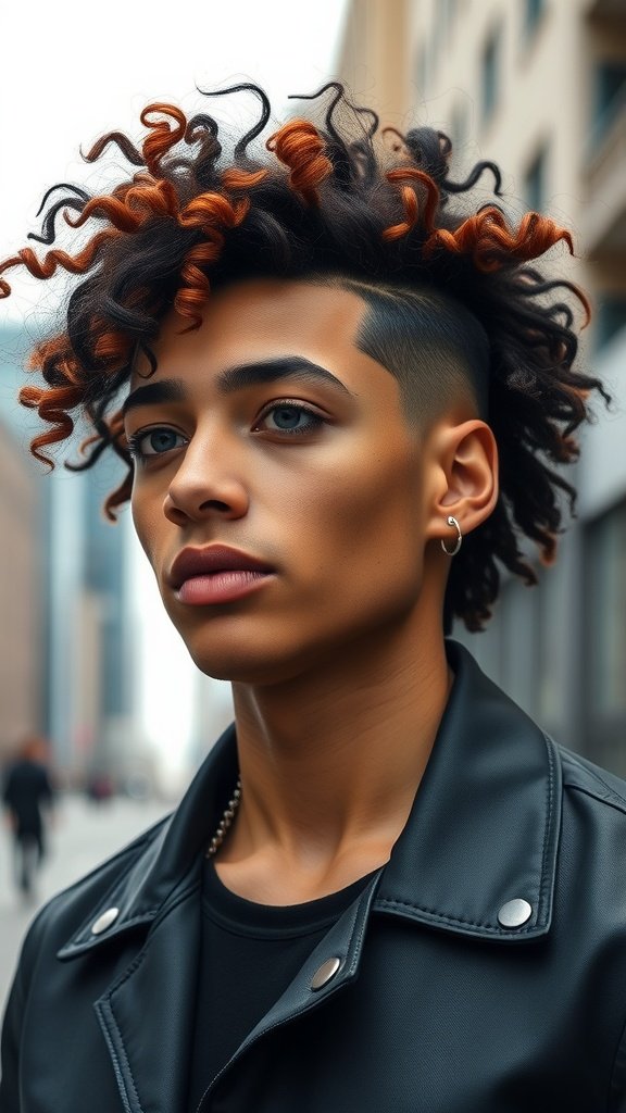A young person with a disconnected curly undercut hairstyle, featuring tight curls on top and shaved sides, wearing a leather jacket.