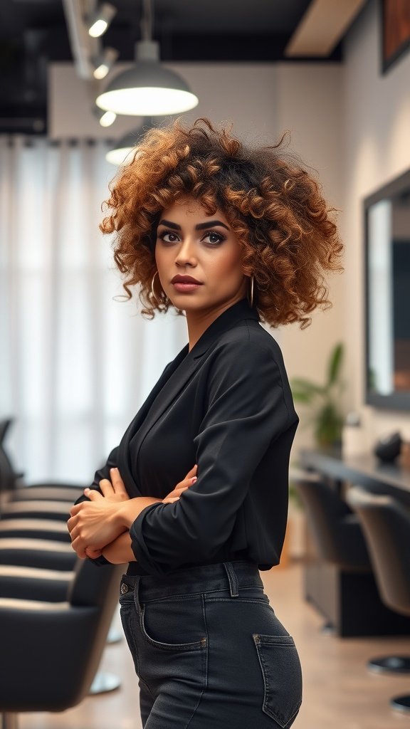 A woman with a dynamic multi-textured perm hairstyle, showcasing defined curls and a stylish outfit in a modern salon.