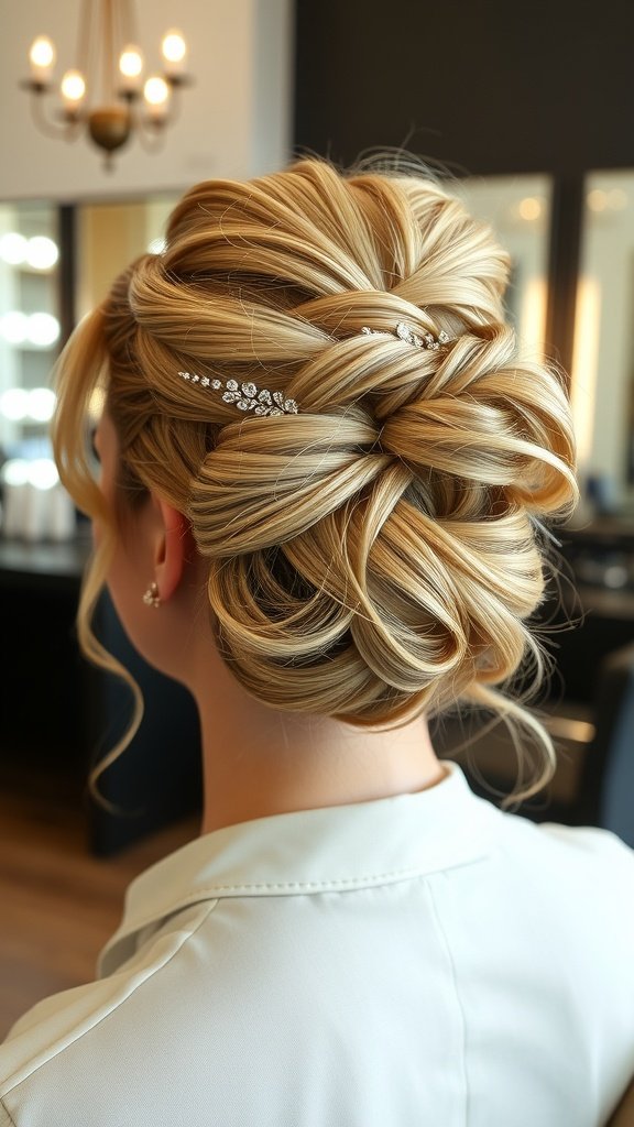 Elegant blonde updo with dark root highlights and decorative hairpins