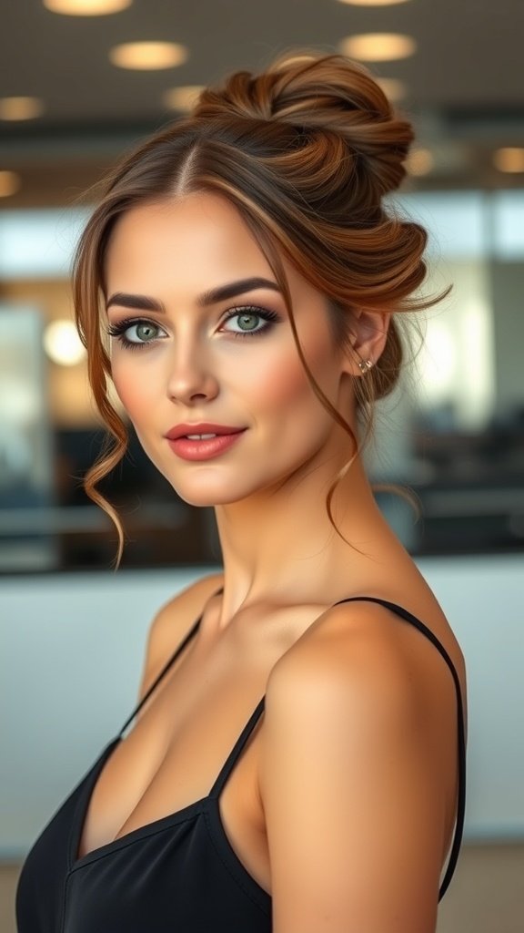 A woman with medium-length hair styled in an elegant chignon, featuring soft curls framing her face.