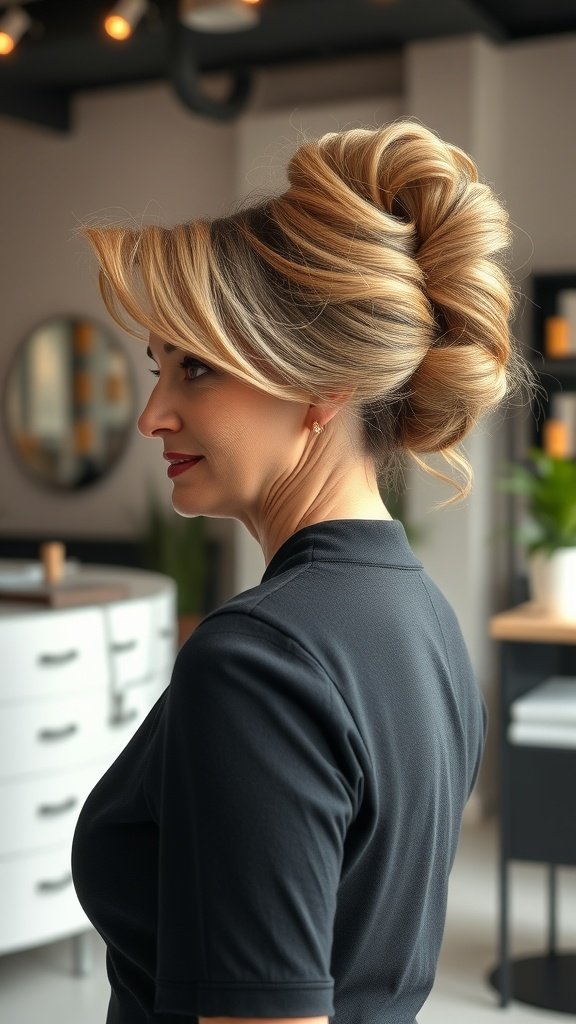 A woman with an elegant chignon hairstyle and wispy side bangs, showcasing a sophisticated look.