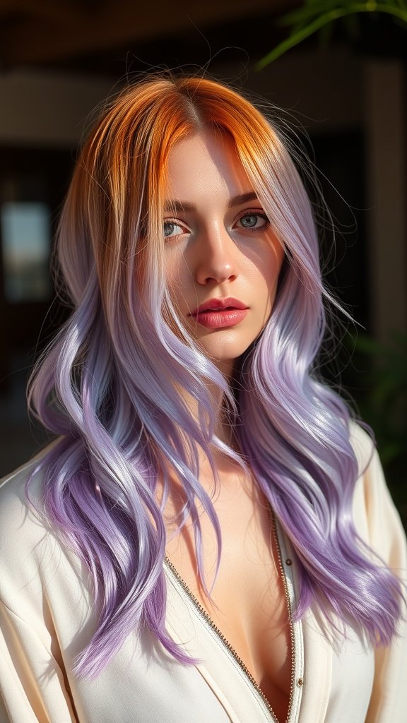 A woman with a blend of copper and lavender hair, showcasing soft waves and a stylish look.