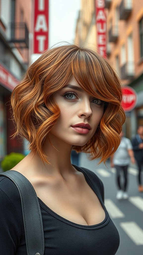 A woman with a fiery copper bob haircut featuring soft S-waves, standing in a city street.