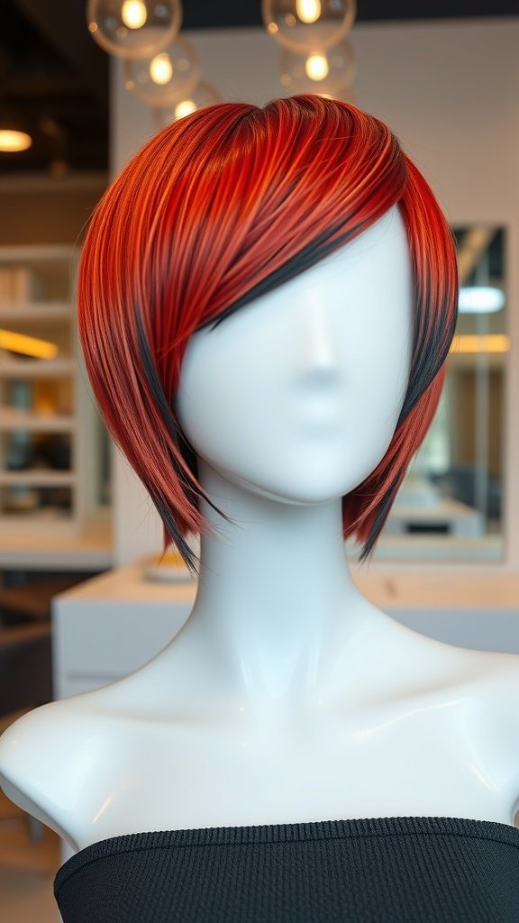 A mannequin showcasing a fiery red lob haircut with black tips.