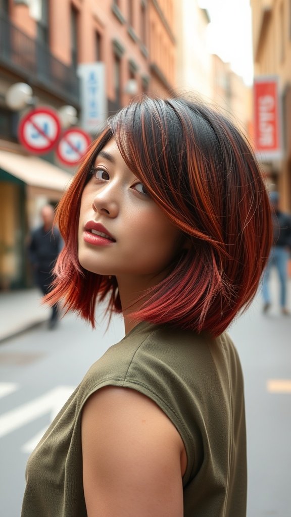 A woman with chin-length hair featuring flippy outward layers and vibrant red highlights, standing in a city street.