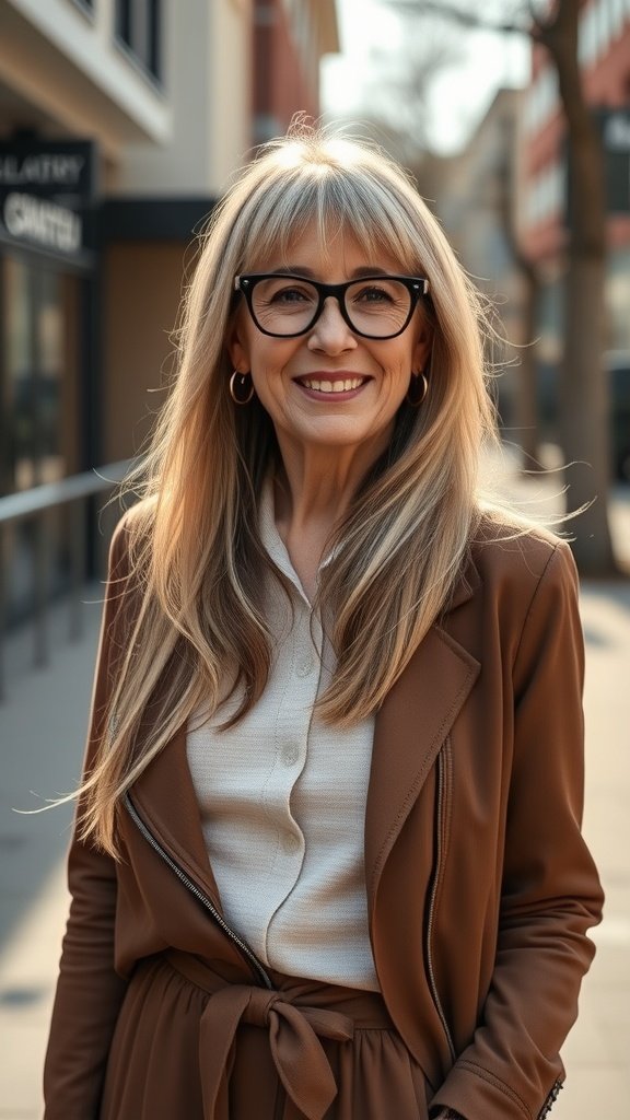 A woman with long, layered hair and a straight fringe, smiling outdoors in a stylish outfit.