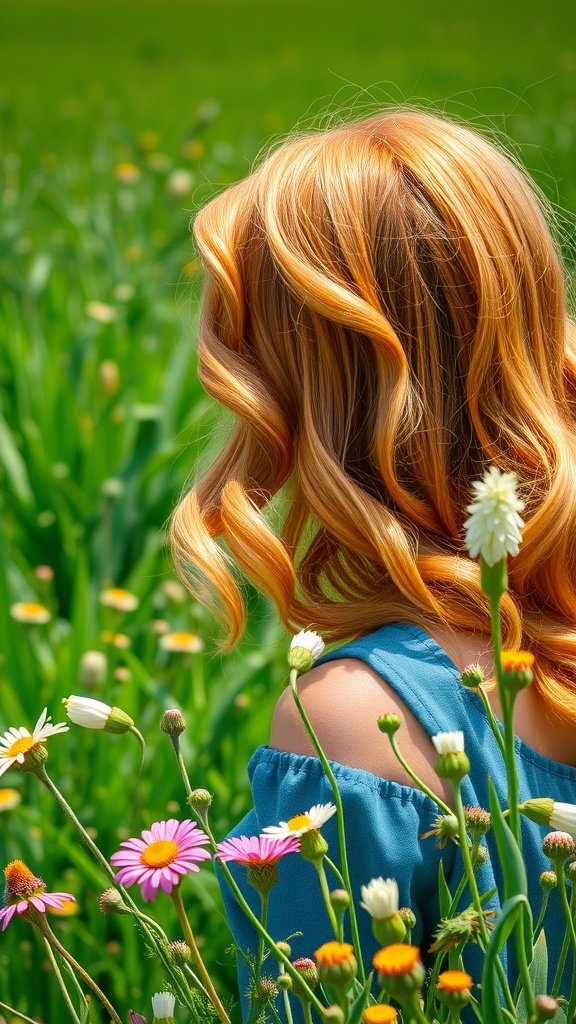 A woman with strawberry blonde hair styled in curls, surrounded by colorful flowers in a green field.