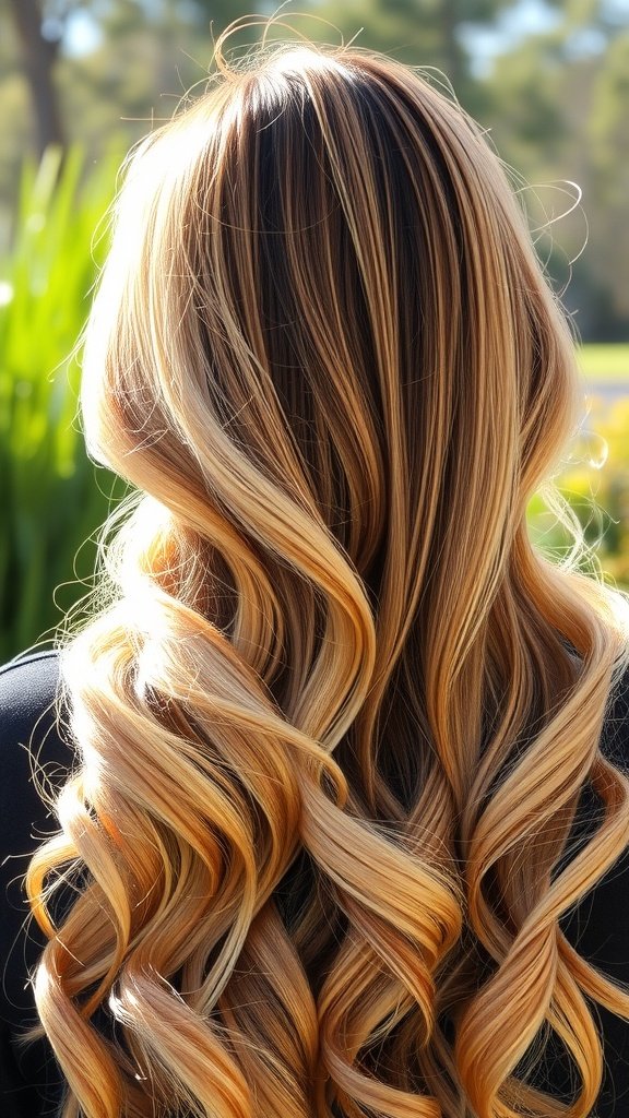 A hairstyle featuring golden brown hair with sun-kissed blonde highlights, styled in soft waves.