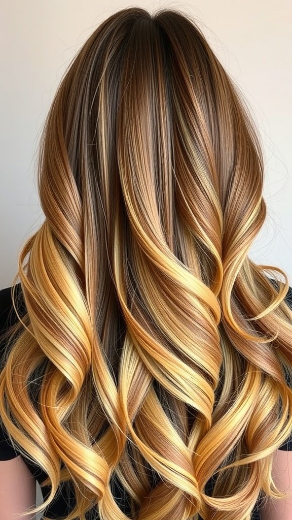 Long layered hair with golden caramel balayage highlights