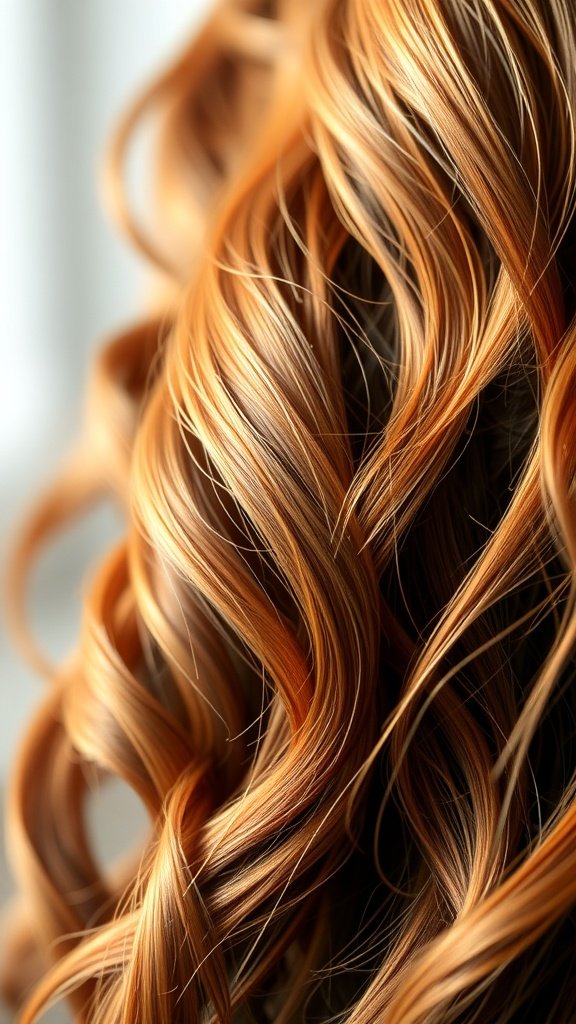 Close-up of wavy brunette hair with golden copper highlights