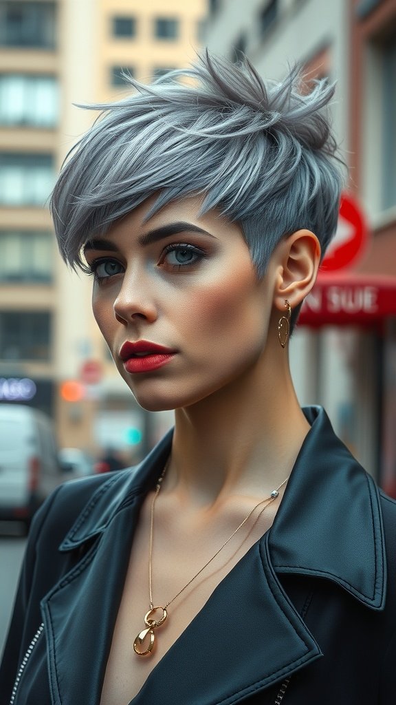 A stylish gray pixie hairstyle with an undercut, showcasing a confident look.