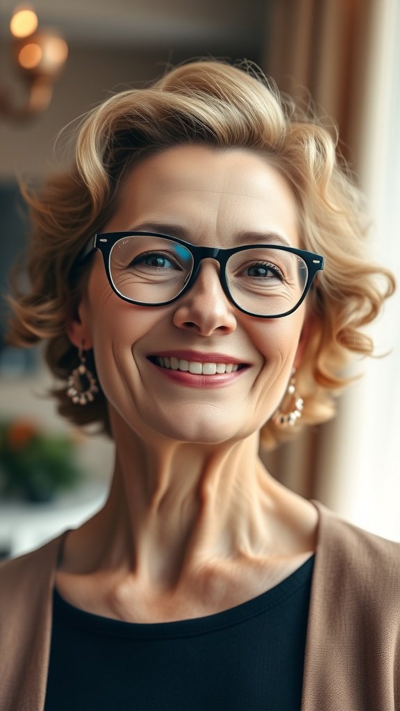 A woman over 50 with a half-up hairstyle and soft curls, wearing glasses and smiling.