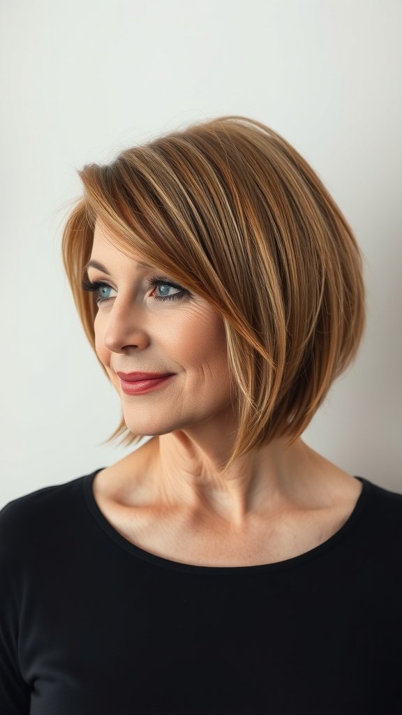 A woman with an inverted bob haircut featuring caramel highlights, showcasing a modern and flattering style.