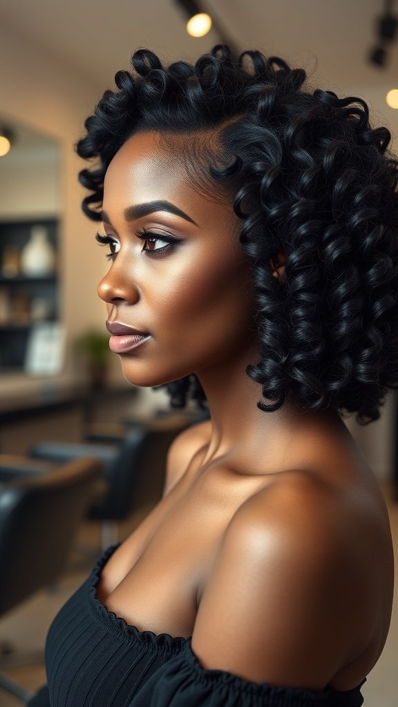 A woman with jet black tight curls styled elegantly, showcasing a beautiful profile.
