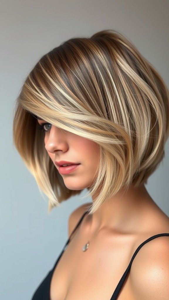 A woman with a layered bob hairstyle featuring a swooped asymmetrical front, showcasing soft layers and highlights.