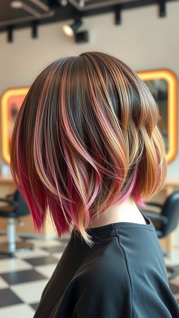 A layered bubble bob hairstyle with fringe bangs, featuring a blend of dark and pink colors.