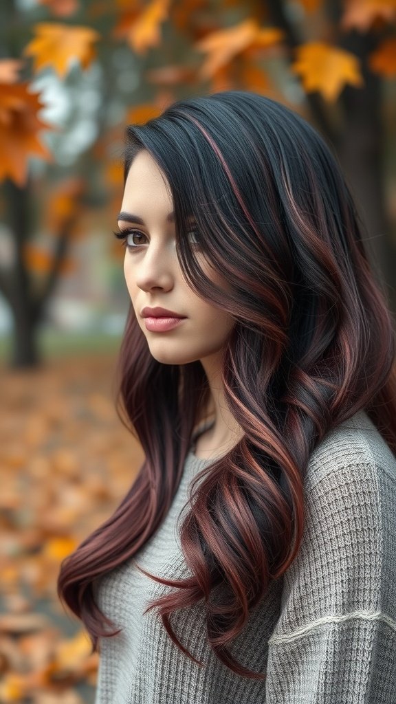 A woman with layered burgundy plum hair, styled in soft waves, standing amidst autumn leaves.