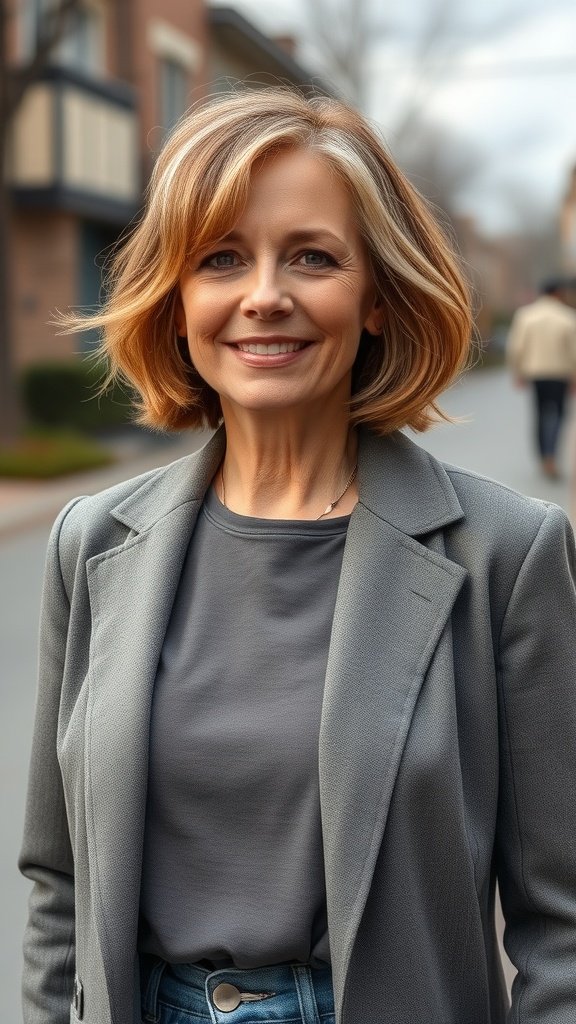A woman with a lob hairstyle featuring choppy layers, smiling confidently outdoors.