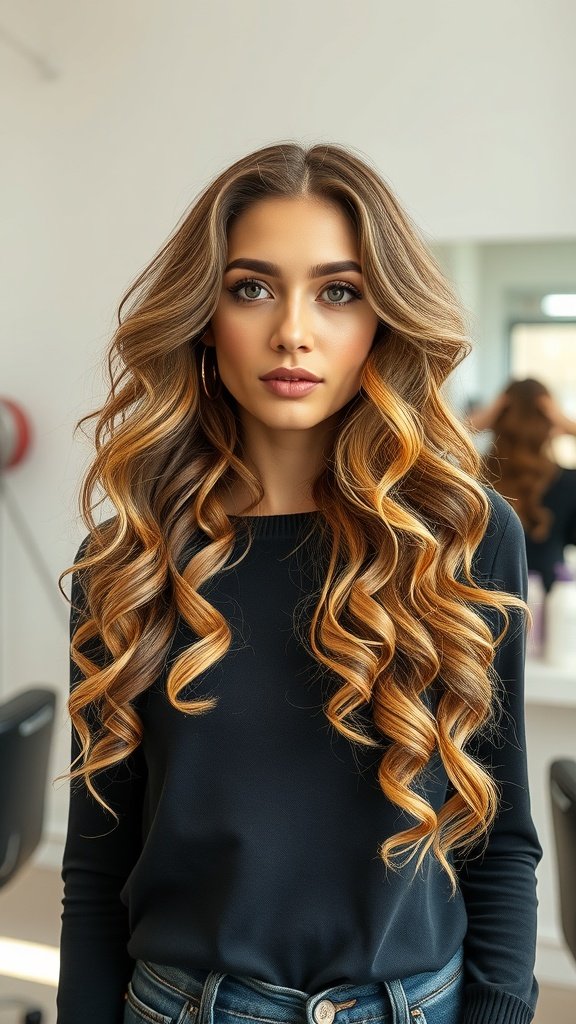 A woman with long curly hair featuring highlights, showcasing a vibrant hairstyle.
