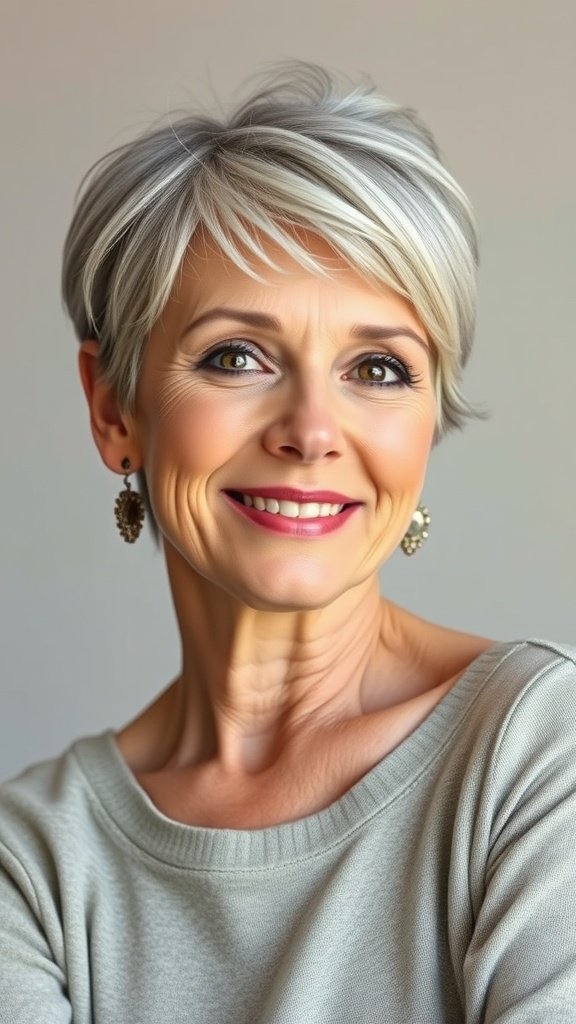 A woman with a long pixie haircut and wispy bangs, smiling warmly.