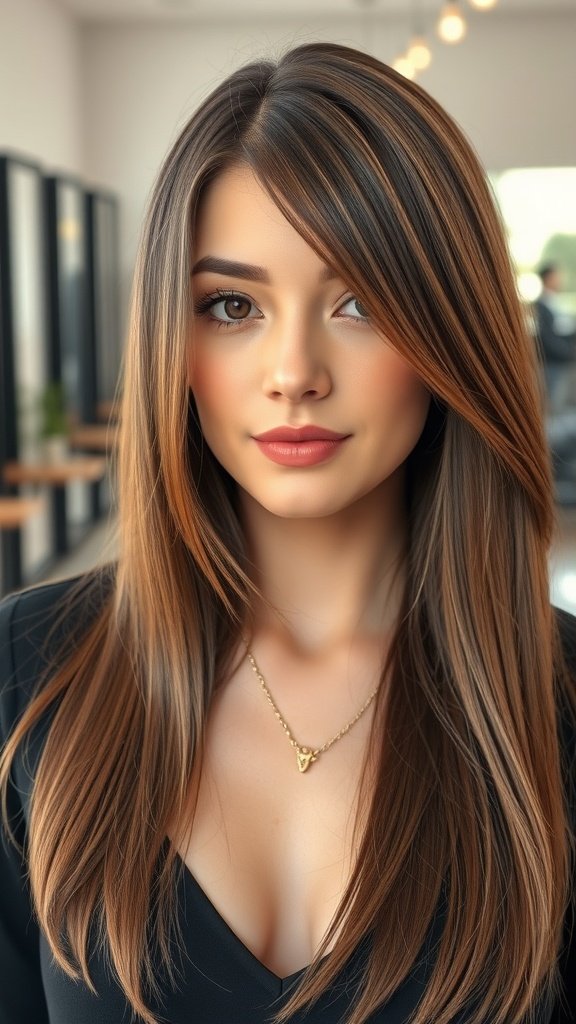 A woman with long straight hair featuring feathered layers, styled elegantly.