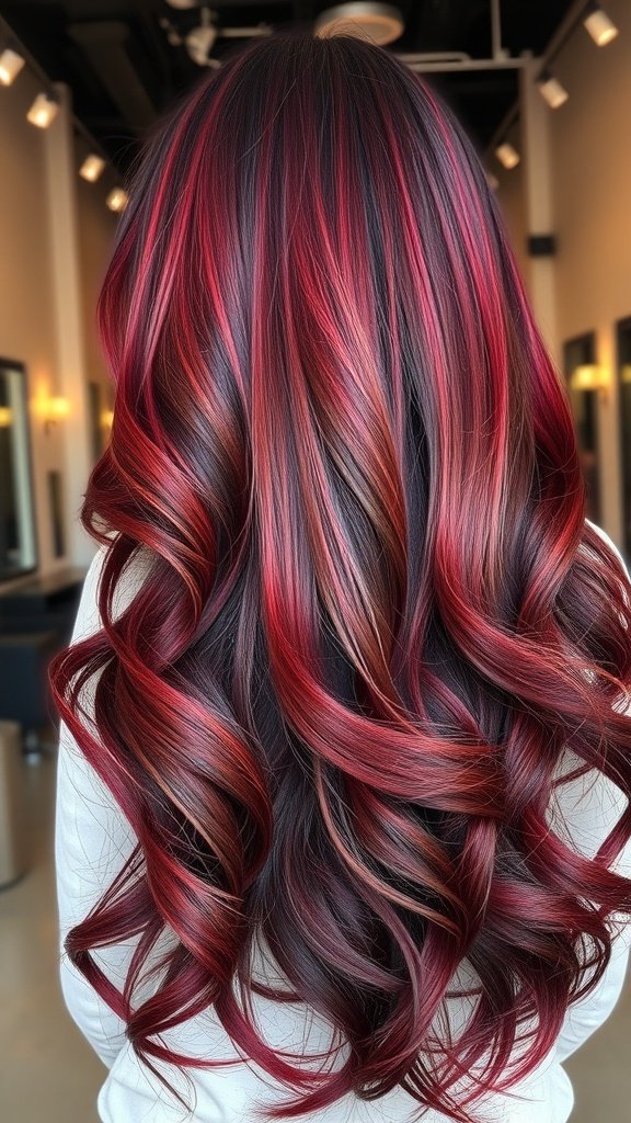 A beautiful hairstyle featuring a burgundy to scarlet ombre with soft curls.