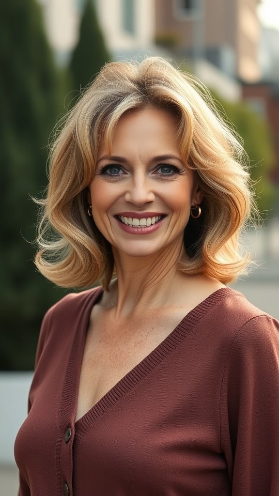 A woman over 50 with a medium cut hairstyle featuring gently tousled layers, smiling outdoors.